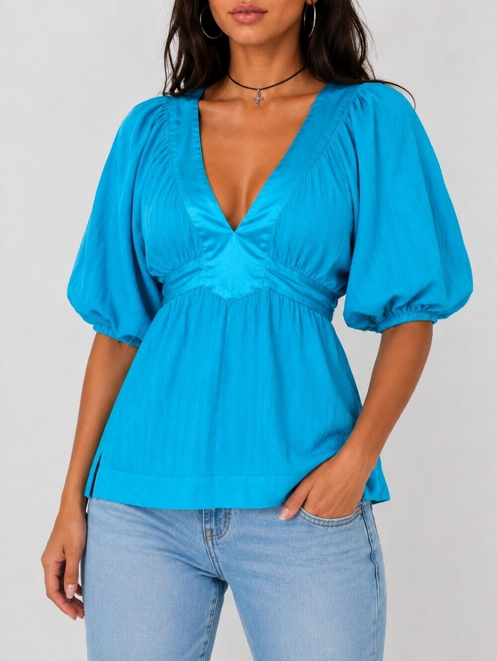 Vintage Bebe Y2K McBling Azure Puff Sleeve Empire Waist Top M